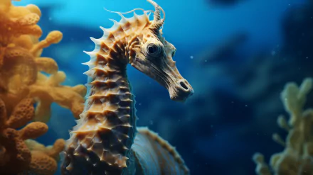 HD wallpaper of a seahorse underwater with coral background.