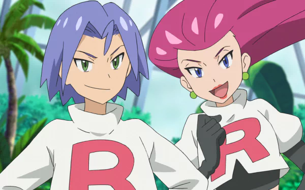 HD wallpaper of Jessie and James from Team Rocket in Pokémon Ultimate Journeys: The Series posing with confident smiles.