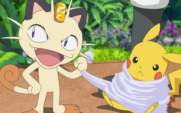 HD desktop wallpaper featuring Meowth and Pikachu from Pokémon Ultimate Journeys: The Series, with Pikachu playfully wrapped in string as Meowth gestures with a sly expression.