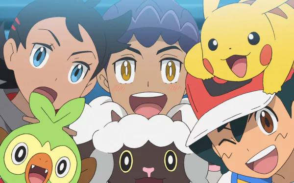 HD wallpaper featuring characters and Pokémon from Pokémon Ultimate Journeys: The Series, including Ash, Goh, Pikachu, and other Pokémon companions, with a vibrant animation style.