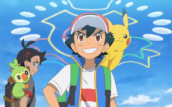 HD desktop wallpaper featuring the characters Ash, Pikachu, and Grookey from Pokémon Ultimate Journeys: The Series against a blue sky background.