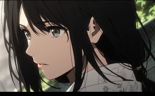 Close-up of an anime girl with long black hair and expressive eyes, rendered in stunning 8K Ultra HD detail for a PC desktop wallpaper background.