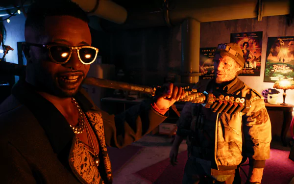 HD desktop wallpaper from Dead Island 2 featuring two characters in a dimly lit room, one holding a weapon.