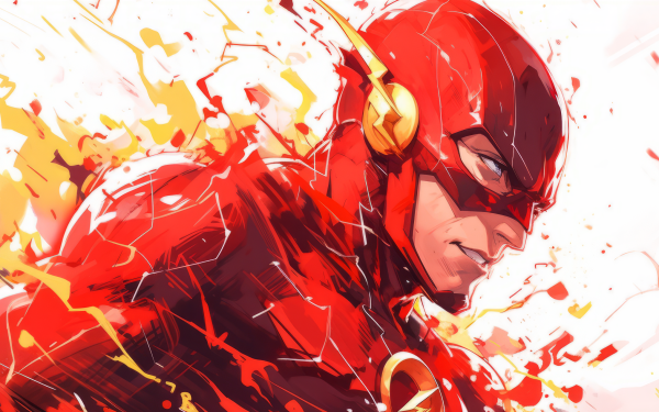 HD wallpaper of a dynamic Flash superhero illustration with vibrant red and yellow splatter background for desktop.