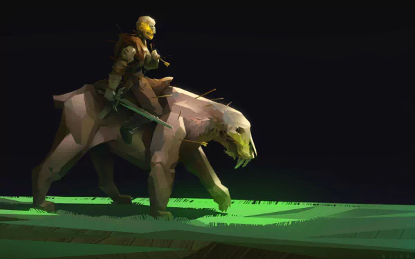 HD desktop wallpaper featuring a fantasy creature being ridden by a character, set against a dark background with green highlights.