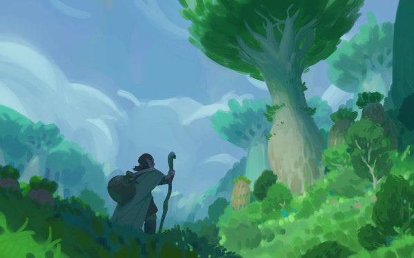 HD desktop wallpaper featuring an adventurous scene with a silhouette of a traveler carrying a backpack and walking stick in a lush green forest under a bright sky.