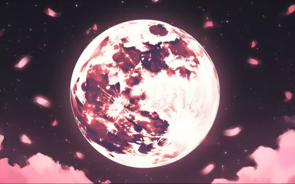 HD desktop wallpaper featuring a large, detailed image of the moon against a pink starry sky with floating petals.