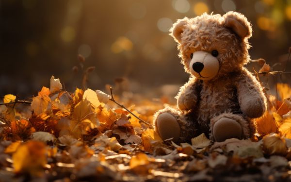 HD desktop wallpaper featuring a fluffy teddy bear sitting amidst autumn leaves with a warm, golden sunlight background.
