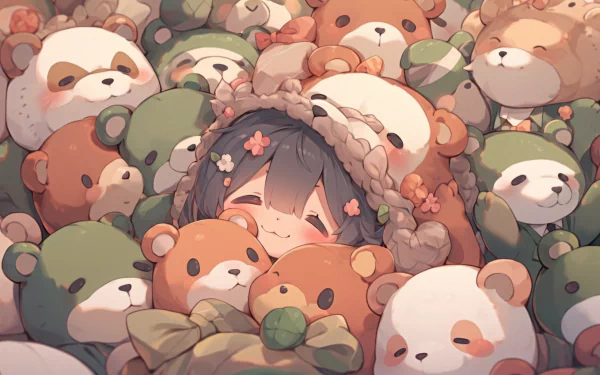 HD desktop wallpaper of a happy person surrounded by cute stuffed bears in soft pastel tones, perfect for a cozy background.