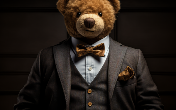 Elegant teddy bear in suit HD wallpaper, sophisticated stuffed animal with bow tie desktop background.