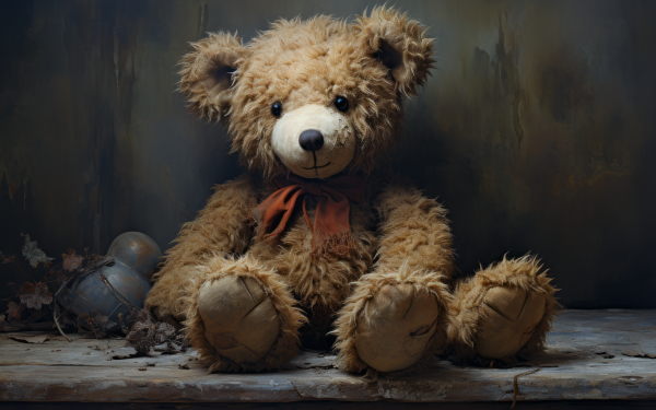HD wallpaper featuring a cute teddy bear stuffed animal with a bow sitting on a wooden surface against a dark textured backdrop.