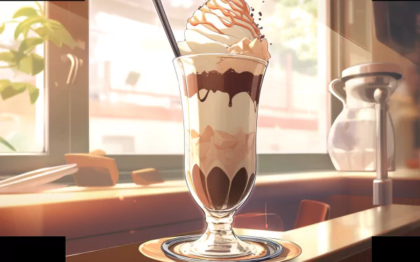 HD wallpaper of a delicious chocolate milkshake topped with whipped cream and a drizzle of chocolate sauce, set on a diner table with warm sunlight filtering through the window.