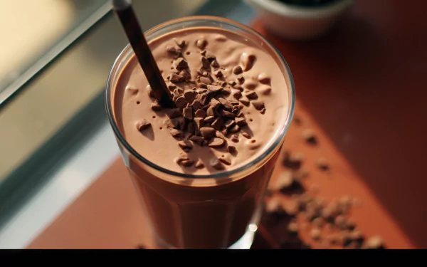 A rich chocolate milkshake topped with chocolate shavings, served in a glass with a straw, surrounded by scattered chocolate pieces. This HD wallpaper captures a delicious treat.