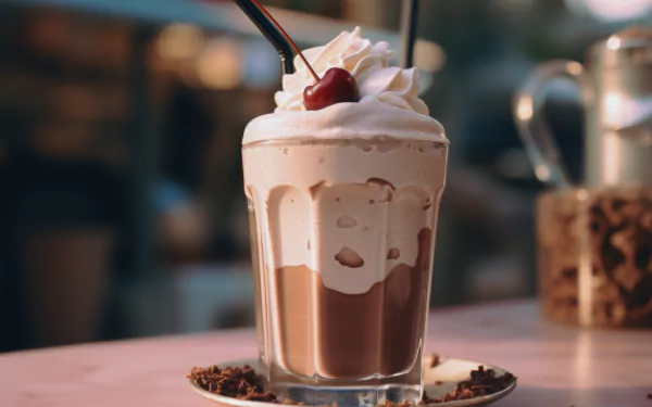 A delicious chocolate milkshake topped with whipped cream and a cherry, displayed in a clear glass, captures the essence of indulgent treats in this HD desktop wallpaper.