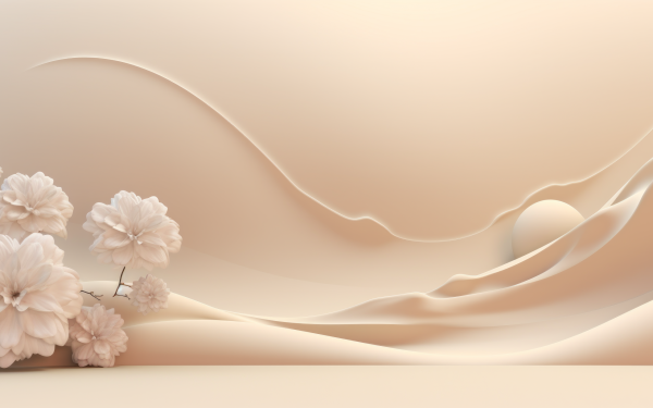 HD desktop wallpaper featuring an aesthetic beige flowery design with elegant abstract waves and delicate blossoms for a serene background.
