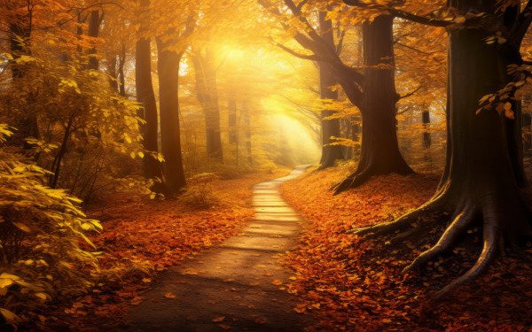 HD Wallpaper of a scenic autumn path through a sunlit forest with golden fall leaves