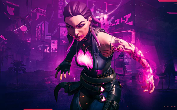 Reyna from Valorant in a dynamic pose with glowing purple energy, set against a neon-lit cityscape, designed as an HD PC desktop wallpaper and background.