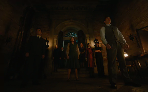 A Haunting in Venice wallpaper showcasing a tense scene with characters positioned in a dimly lit setting, accentuated by shadows and atmospheric lighting, creating an eerie vibe.