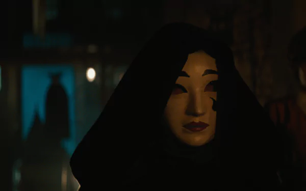 A haunting scene from the movie A Haunting in Venice, featuring a mysterious figure in a hooded cloak and mask, set against a dimly lit backdrop. HD desktop wallpaper.