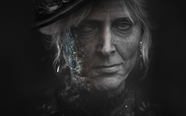 HD wallpaper of a dramatic Lies Of P-themed image featuring a portrait of a mysterious character with a partially deteriorated face against a dark background, perfect for desktop background use.