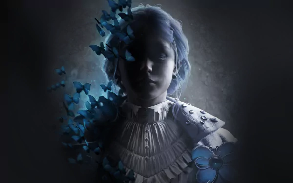 A captivating HD desktop wallpaper from the video game Lies Of P, featuring a mysterious figure partially obscured by blue butterflies against a dark background.