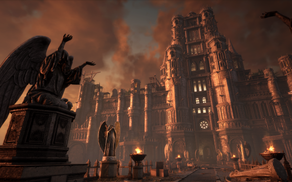 High-definition desktop wallpaper of a scene from Lies Of P video game, featuring gothic architecture and statues with a dramatic sky backdrop.