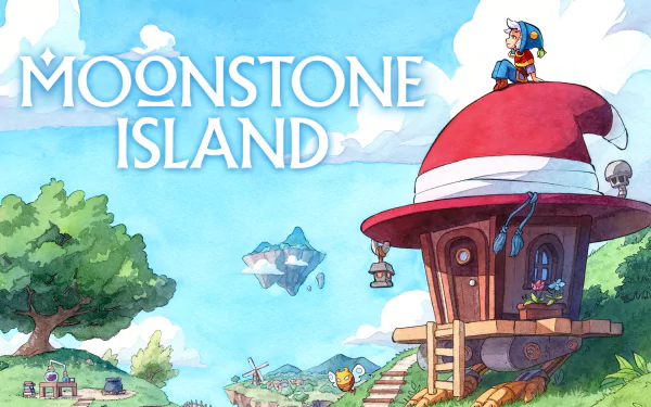 HD desktop wallpaper from the video game Moonstone Island, featuring a whimsical scene with a character standing atop a mushroom-shaped house under a blue sky.