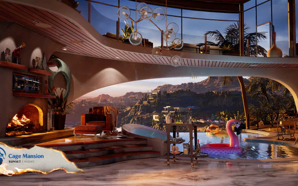 HD desktop wallpaper featuring the luxurious Cage Mansion from Mortal Kombat, showcasing an indoor pool with a stunning mountain view at sunset.