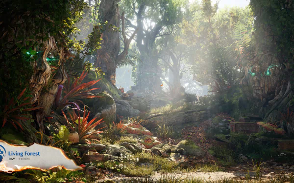 HD desktop wallpaper of the Living Forest from Mortal Kombat, featuring mystical trees and ethereal lighting.