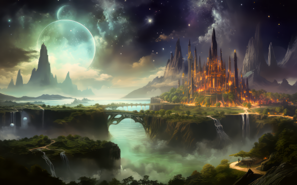 This image shows a fantasy landscape with an illuminated castle overlooking a river and waterfalls with a large moon and stars in the night sky, ideal for HD desktop wallpaper and background.
