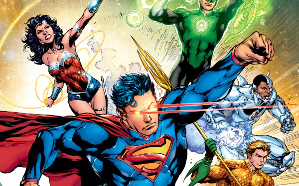 HD comic-style Justice League PC desktop wallpaper: Superman firing heat vision at center, Wonder Woman, Green Lantern, Cyborg and Aquaman charging forward in a dynamic action pose.