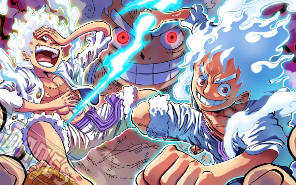 Powerful rendering of Monkey D. Luffy in Gear 5, from the anime One Piece. Vibrant HD desktop wallpaper showcasing the iconic character.