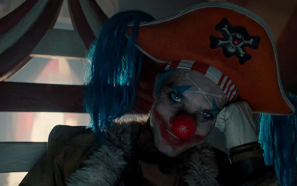 A striking HD wallpaper featuring Buggy from the live-action TV show One Piece, showcasing his clown-like appearance with a colorful pirate hat and vibrant blue hair.
