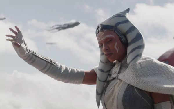 HD wallpaper featuring Ahsoka Tano with an outstretched hand, sky backdrop, and a starship.