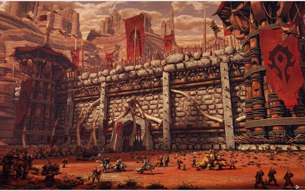 HD desktop wallpaper of Orgrimmar from the World of Warcraft video game, featuring the city's entrance and Horde banners in a detailed background.