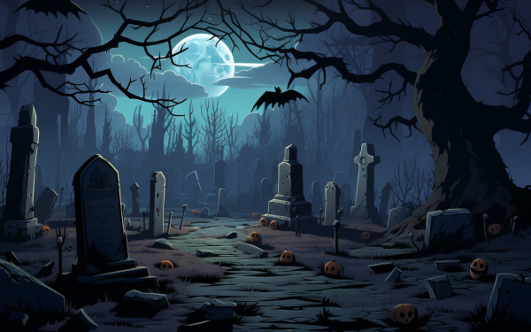 Spooky Halloween cemetery with tombstones and pumpkins under a full moon, HD wallpaper.