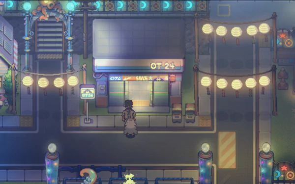 A vibrant HD desktop wallpaper from Eastward: Octopia, featuring a character standing in a lively street scene adorned with lanterns and a shop front.