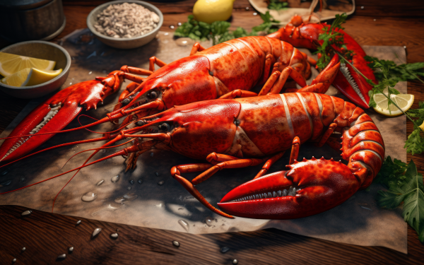 HD desktop wallpaper featuring a succulent whole lobster on a rustic wooden table, garnished with lemon and herbs, perfect for a seafood-themed background.
