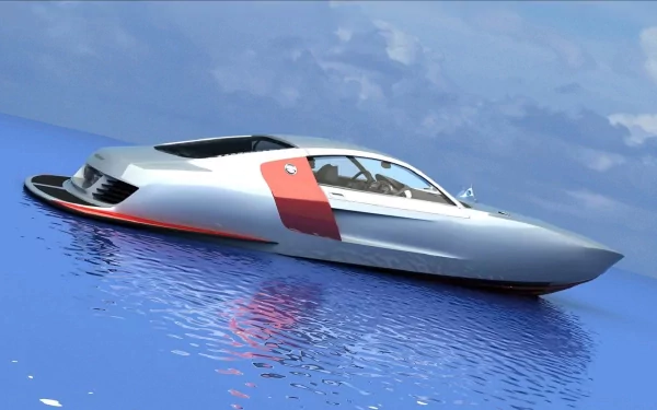 HD desktop wallpaper showcasing a sleek, futuristic yacht-style vehicle floating on calm blue water under a partly cloudy sky.