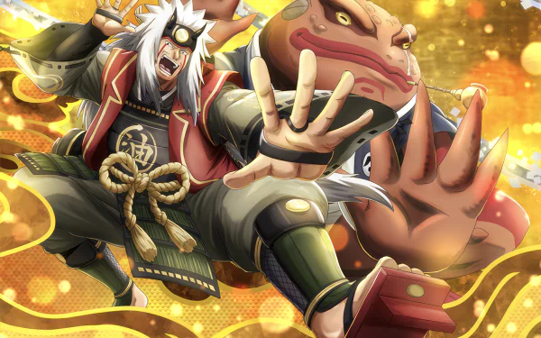HD anime wallpaper featuring Jiraiya and Gamabunta from Naruto, depicted in dynamic action against a vibrant, golden background.
