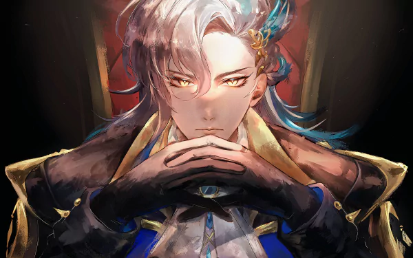 HD wallpaper featuring Neuvillette from Genshin Impact, with a thoughtful expression and intricate apparel.