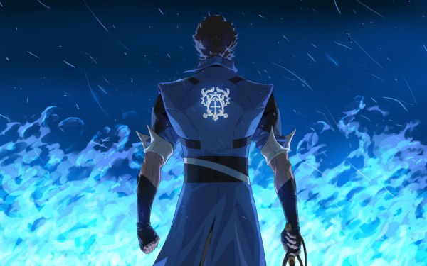 HD wallpaper featuring Richter Belmont from Castlevania: Nocturne, standing with his back to the viewer against a magical blue flame backdrop under a starry sky.