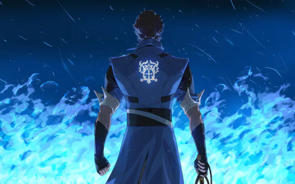 HD wallpaper of Richter Belmont from Castlevania: Nocturne, depicted standing with his back to the viewer, overlooking a mystical blue flame-lit battlefield.