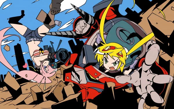 4K Ultra HD PC desktop wallpaper — Tengen Toppa Gurren Lagann anime scene: energetic pilots and mech tumbling through a shattered cityscape in bold, high-contrast colors.