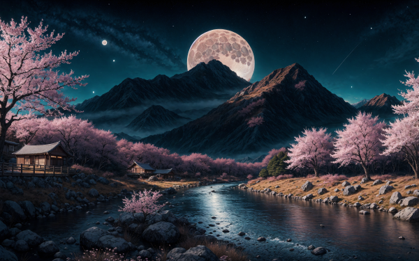 HD desktop wallpaper featuring an AI art landscape with a majestic mountain range beside a serene river, adorned with cherry blossoms under a full moon.