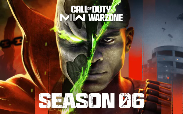 HD desktop wallpaper of Call of Duty: Warzone 2.0 Season 06 featuring a dramatic split-face character design with a glowing green fissure.