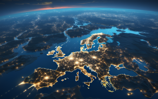 HD desktop wallpaper featuring a night-time satellite view of a map of Europe with illuminated city lights, suitable as a background image.
