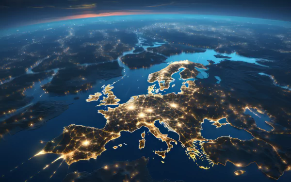 HD desktop wallpaper featuring a night-time map of Europe with illuminated city lights, showcasing the continent from a high-altitude perspective.