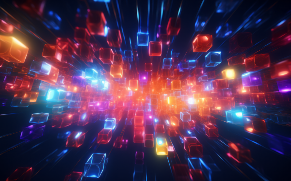 Vibrant HD wallpaper featuring an abstract light explosion with glowing neon cubes for desktop background.