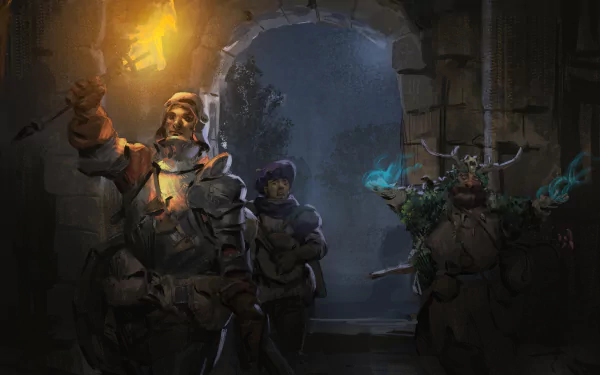 HD wallpaper of Dark and Darker game featuring adventurers in a dungeon, lit by a torch in a medieval setting.